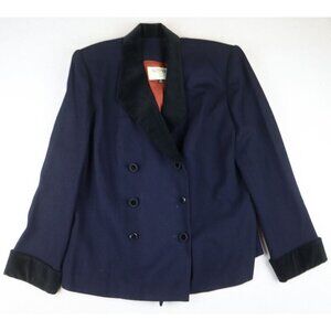 VINTAGE BLUE DOUBLE-BREASTED BLAZER JACKET W/ VELVET TRIM - KASPER II - SIZE 14